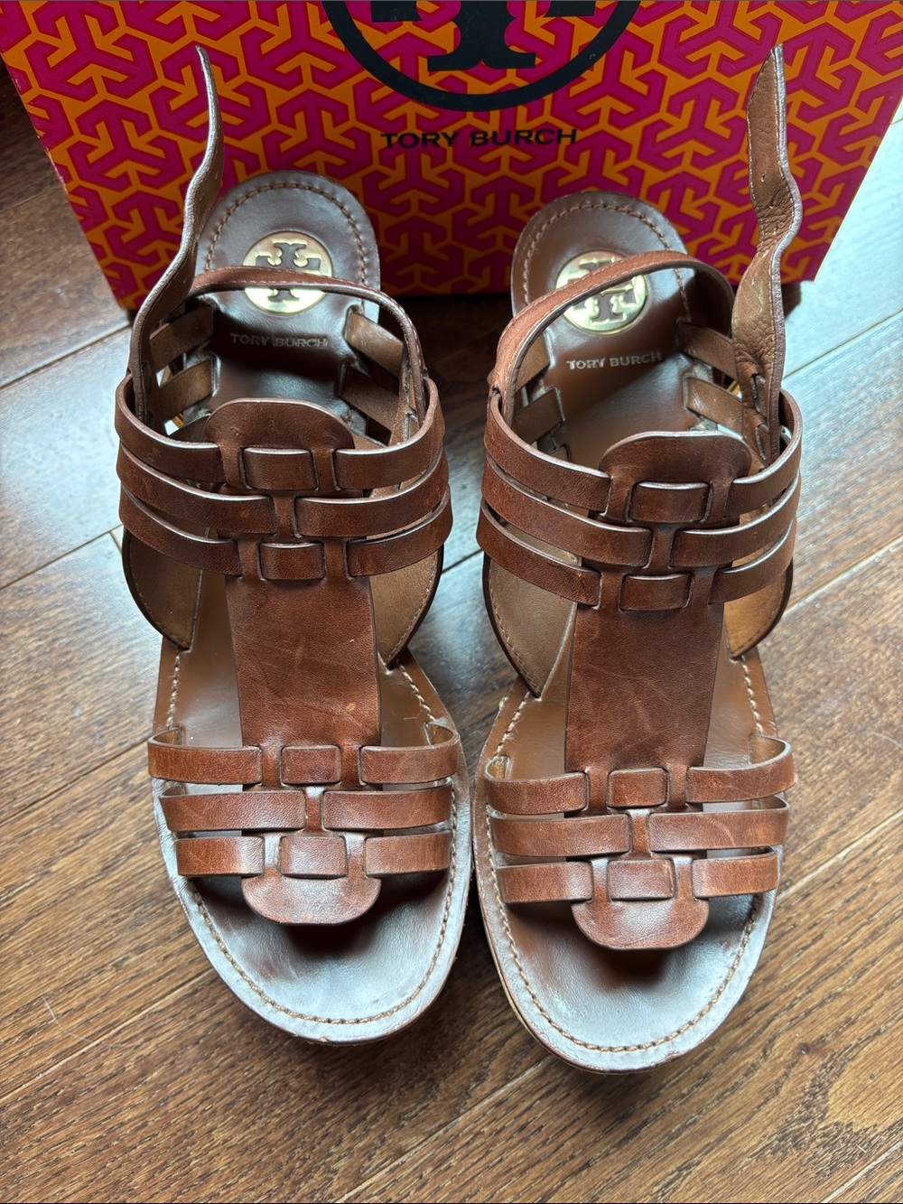 Tory Burch Brown Leather Cork Wedge Sandals - Picture 3 of 9